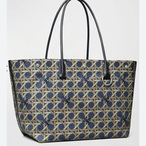 Tory Burch Basketweave Canvas/ Leather Handles Tote Bag Navy